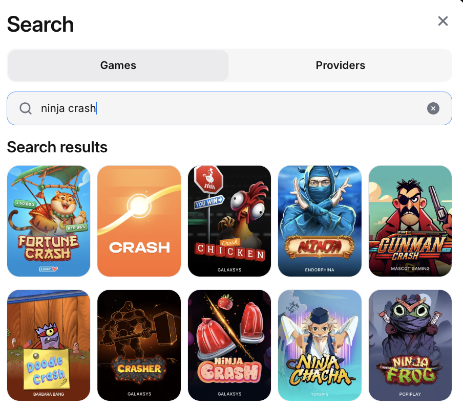 Поиск и запуск игры Ninja Crash в 1Win